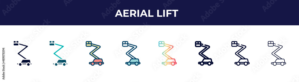 aerial lift icon in 8 styles. line, filled, glyph, thin outline, colorful, stroke and gradient styles, aerial lift vector sign. symbol, logo illustration. different style icons set.