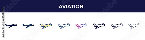 aviation icon in 8 styles. line, filled, glyph, thin outline, colorful, stroke and gradient styles, aviation vector sign. symbol, logo illustration. different style icons set.