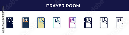 prayer room icon in 8 styles. line, filled, glyph, thin outline, colorful, stroke and gradient styles, prayer room vector sign. symbol, logo illustration. different style icons set.