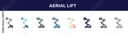 aerial lift icon in 8 styles. line, filled, glyph, thin outline, colorful, stroke and gradient styles, aerial lift vector sign. symbol, logo illustration. different style icons set.
