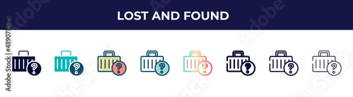 lost and found icon in 8 styles. line, filled, glyph, thin outline, colorful, stroke and gradient styles, lost and found vector sign. symbol, logo illustration. different style icons set.