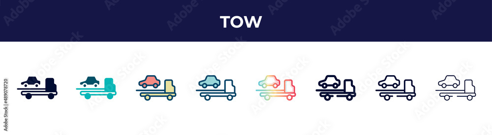 tow icon in 8 styles. line, filled, glyph, thin outline, colorful, stroke and gradient styles, tow vector sign. symbol, logo illustration. different style icons set. tow icon in 8 styles. line, filled, glyph, thin outline, colorful, stroke and gradient styles, tow vector sign. symbol, logo illustration. different style icons set.