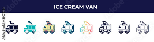 ice cream van icon in 8 styles. line, filled, glyph, thin outline, colorful, stroke and gradient styles, ice cream van vector sign. symbol, logo illustration. different style icons set.
