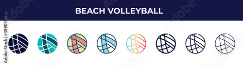 beach volleyball icon in 8 styles. line, filled, glyph, thin outline, colorful, stroke and gradient styles, beach volleyball vector sign. symbol, logo illustration. different style icons set.