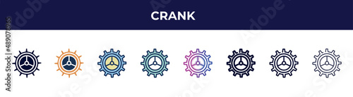 crank icon in 8 styles. line, filled, glyph, thin outline, colorful, stroke and gradient styles, crank vector sign. symbol, logo illustration. different style icons set.
