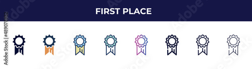 first place icon in 8 styles. line, filled, glyph, thin outline, colorful, stroke and gradient styles, first place vector sign. symbol, logo illustration. different style icons set.