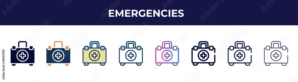 emergencies icon in 8 styles. line, filled, glyph, thin outline, colorful, stroke and gradient styles, emergencies vector sign. symbol, logo illustration. different style icons set. emergencies icon in 8 styles. line, filled, glyph, thin outline, colorful, stroke and gradient styles, emergencies vector sign. symbol, logo illustration. different style icons set.