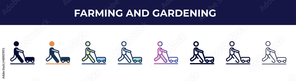 farming and gardening icon in 8 styles. line, filled, glyph, thin outline, colorful, stroke and gradient styles, farming and gardening vector sign. symbol, logo illustration. different style icons