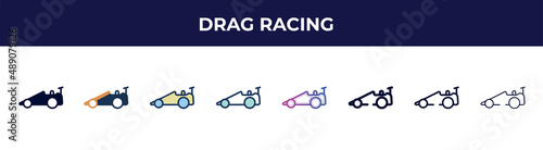 drag racing icon in 8 styles. line, filled, glyph, thin outline, colorful, stroke and gradient styles, drag racing vector sign. symbol, logo illustration. different style icons set.