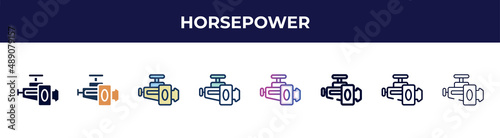 horsepower icon in 8 styles. line, filled, glyph, thin outline, colorful, stroke and gradient styles, horsepower vector sign. symbol, logo illustration. different style icons set. photo