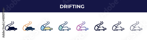 drifting icon in 8 styles. line, filled, glyph, thin outline, colorful, stroke and gradient styles, drifting vector sign. symbol, logo illustration. different style icons set.