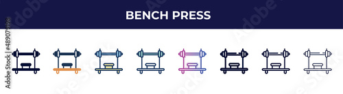 bench press icon in 8 styles. line, filled, glyph, thin outline, colorful, stroke and gradient styles, bench press vector sign. symbol, logo illustration. different style icons set.