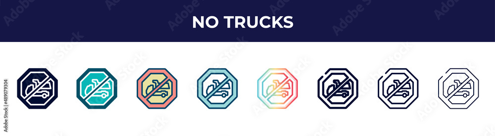 no trucks icon in 8 styles. line, filled, glyph, thin outline, colorful, stroke and gradient styles, no trucks vector sign. symbol, logo illustration. different style icons set. no trucks icon in 8 styles. line, filled, glyph, thin outline, colorful, stroke and gradient styles, no trucks vector sign. symbol, logo illustration. different style icons set.