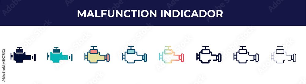 malfunction indicador icon in 8 styles. line, filled, glyph, thin outline, colorful, stroke and gradient styles, malfunction indicador vector sign. symbol, logo illustration. different style icons malfunction indicador icon in 8 styles. line, filled, glyph, thin outline, colorful, stroke and gradient styles, malfunction indicador vector sign. symbol, logo illustration. different style icons
