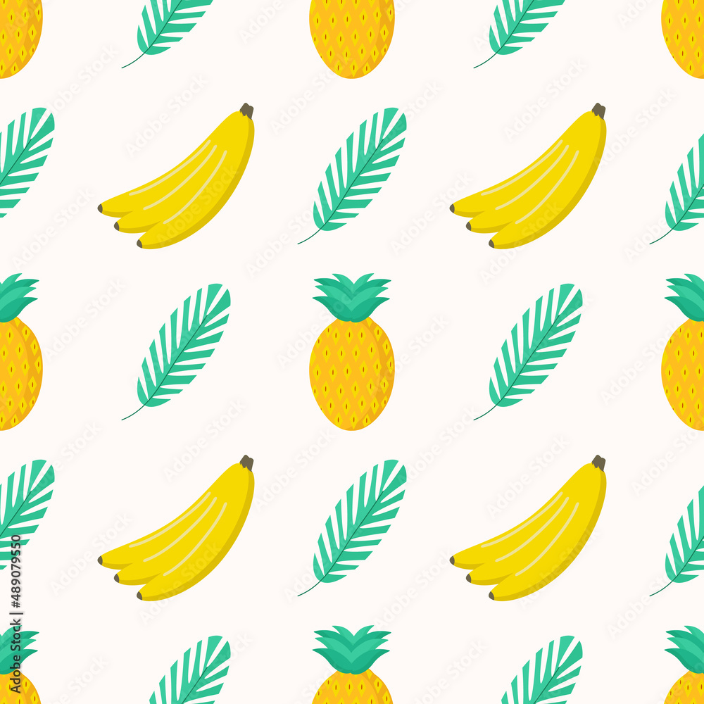 Pineapple banana and twig pattern on a light background