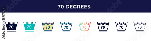 70 degrees icon in 8 styles. line, filled, glyph, thin outline, colorful, stroke and gradient styles, 70 degrees vector sign. symbol, logo illustration. different style icons set.