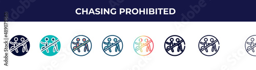 chasing prohibited icon in 8 styles. line, filled, glyph, thin outline, colorful, stroke and gradient styles, chasing prohibited vector sign. symbol, logo illustration. different style icons set.