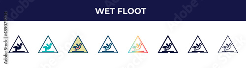 wet floot icon in 8 styles. line, filled, glyph, thin outline, colorful, stroke and gradient styles, wet floot vector sign. symbol, logo illustration. different style icons set.