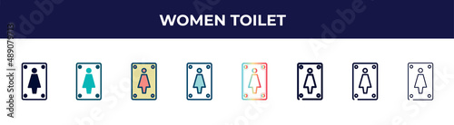 women toilet icon in 8 styles. line, filled, glyph, thin outline, colorful, stroke and gradient styles, women toilet vector sign. symbol, logo illustration. different style icons set.