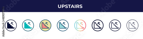 upstairs icon in 8 styles. line, filled, glyph, thin outline, colorful, stroke and gradient styles, upstairs vector sign. symbol, logo illustration. different style icons set.