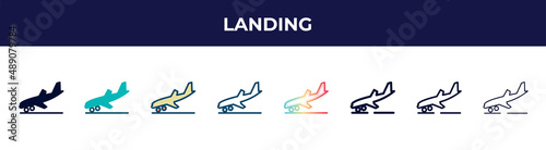 landing icon in 8 styles. line, filled, glyph, thin outline, colorful, stroke and gradient styles, landing vector sign. symbol, logo illustration. different style icons set.