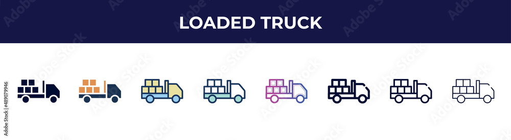 loaded truck icon in 8 styles. line, filled, glyph, thin outline, colorful, stroke and gradient styles, loaded truck vector sign. symbol, logo illustration. different style icons set.