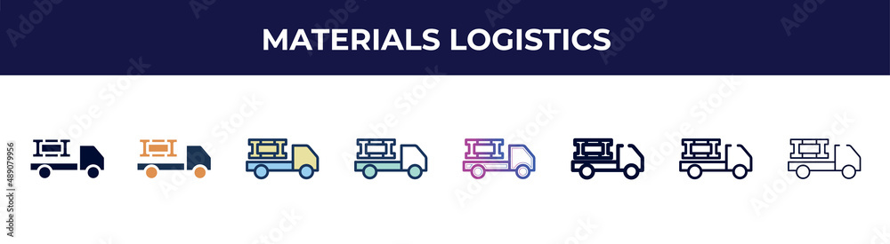 materials logistics icon in 8 styles. line, filled, glyph, thin outline, colorful, stroke and gradient styles, materials logistics vector sign. symbol, logo illustration. different style icons set.