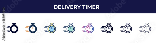 delivery timer icon in 8 styles. line, filled, glyph, thin outline, colorful, stroke and gradient styles, delivery timer vector sign. symbol, logo illustration. different style icons set.