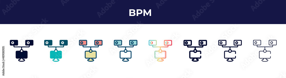 bpm icon in 8 styles. line, filled, glyph, thin outline, colorful, stroke and gradient styles, bpm vector sign. symbol, logo illustration. different style icons set.