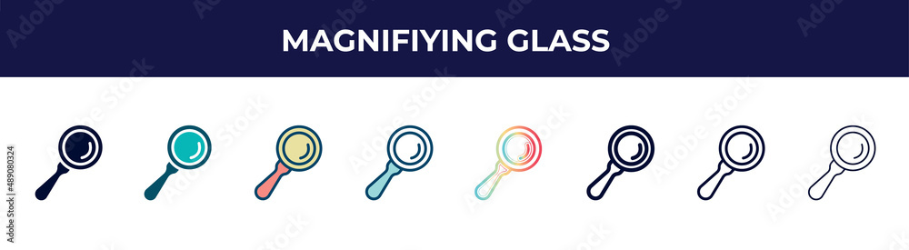 magnifiying glass icon in 8 styles. line, filled, glyph, thin outline, colorful, stroke and gradient styles, magnifiying glass vector sign. symbol, logo illustration. different style icons set. magnifiying glass icon in 8 styles. line, filled, glyph, thin outline, colorful, stroke and gradient styles, magnifiying glass vector sign. symbol, logo illustration. different style icons set.
