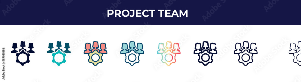 project team icon in 8 styles. line, filled, glyph, thin outline, colorful, stroke and gradient styles, project team vector sign. symbol, logo illustration. different style icons set.