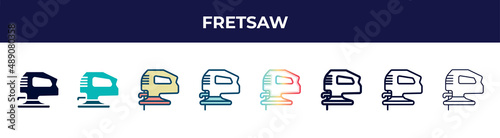 fretsaw icon in 8 styles. line, filled, glyph, thin outline, colorful, stroke and gradient styles, fretsaw vector sign. symbol, logo illustration. different style icons set.