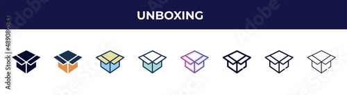 unboxing icon in 8 styles. line, filled, glyph, thin outline, colorful, stroke and gradient styles, unboxing vector sign. symbol, logo illustration. different style icons set.