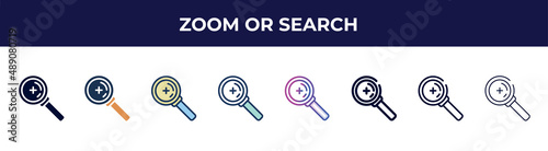 zoom or search icon in 8 styles. line, filled, glyph, thin outline, colorful, stroke and gradient styles, zoom or search vector sign. symbol, logo illustration. different style icons set.