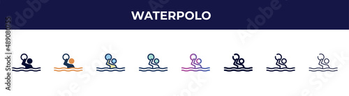 waterpolo icon in 8 styles. line, filled, glyph, thin outline, colorful, stroke and gradient styles, waterpolo vector sign. symbol, logo illustration. different style icons set.