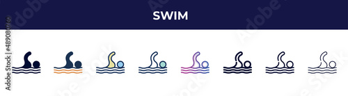 swim icon in 8 styles. line, filled, glyph, thin outline, colorful, stroke and gradient styles, swim vector sign. symbol, logo illustration. different style icons set.