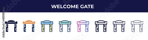 welcome gate icon in 8 styles. line, filled, glyph, thin outline, colorful, stroke and gradient styles, welcome gate vector sign. symbol, logo illustration. different style icons set.