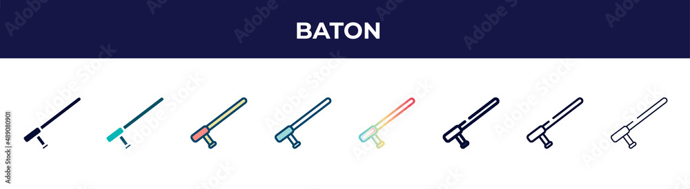 baton icon in 8 styles. line, filled, glyph, thin outline, colorful, stroke and gradient styles, baton vector sign. symbol, logo illustration. different style icons set. baton icon in 8 styles. line, filled, glyph, thin outline, colorful, stroke and gradient styles, baton vector sign. symbol, logo illustration. different style icons set.