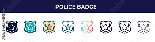 police badge icon in 8 styles. line, filled, glyph, thin outline, colorful, stroke and gradient styles, police badge vector sign. symbol, logo illustration. different style icons set.