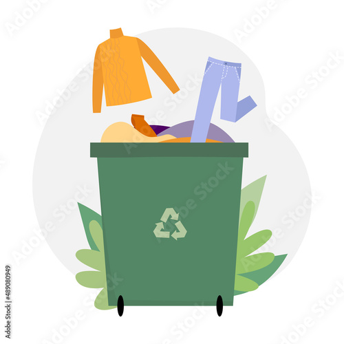 Container with different clothes for recycling or donations. Vector illustration