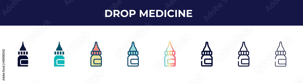 drop medicine icon in 8 styles. line, filled, glyph, thin outline, colorful, stroke and gradient styles, drop medicine vector sign. symbol, logo illustration. different style icons set.