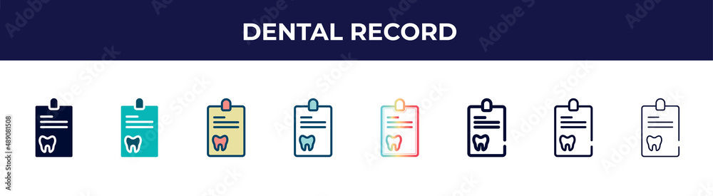 dental record icon in 8 styles. line, filled, glyph, thin outline, colorful, stroke and gradient styles, dental record vector sign. symbol, logo illustration. different style icons set. dental record icon in 8 styles. line, filled, glyph, thin outline, colorful, stroke and gradient styles, dental record vector sign. symbol, logo illustration. different style icons set.