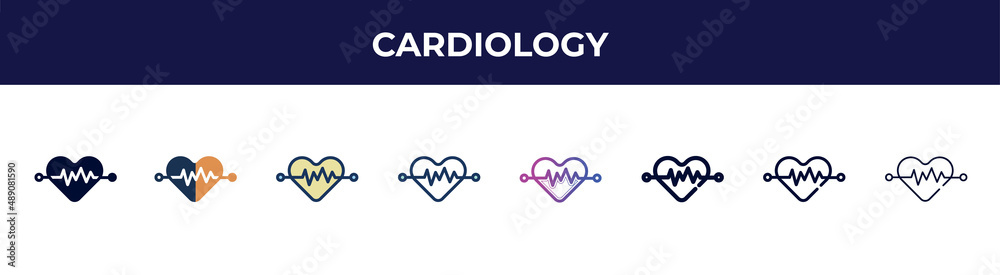 cardiology icon in 8 styles. line, filled, glyph, thin outline, colorful, stroke and gradient styles, cardiology vector sign. symbol, logo illustration. different style icons set.
