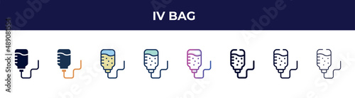 iv bag icon in 8 styles. line, filled, glyph, thin outline, colorful, stroke and gradient styles, iv bag vector sign. symbol, logo illustration. different style icons set.