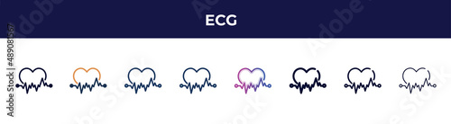 ecg icon in 8 styles. line, filled, glyph, thin outline, colorful, stroke and gradient styles, ecg vector sign. symbol, logo illustration. different style icons set.