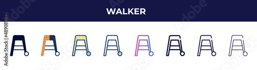 walker icon in 8 styles. line, filled, glyph, thin outline, colorful, stroke and gradient styles, walker vector sign. symbol, logo illustration. different style icons set.