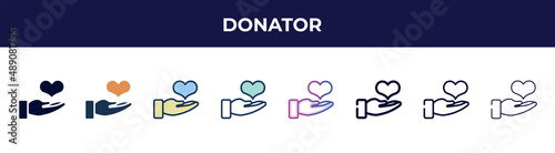 donator icon in 8 styles. line, filled, glyph, thin outline, colorful, stroke and gradient styles, donator vector sign. symbol, logo illustration. different style icons set.