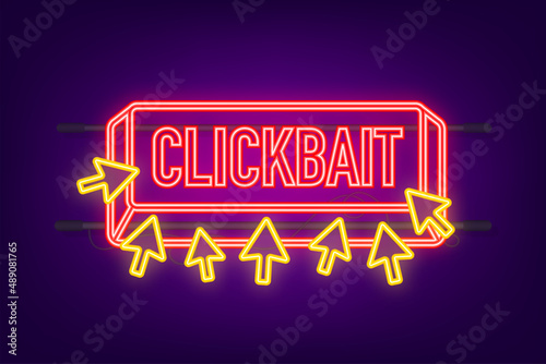 Clickbait red button. Hand click neon icon symbol. Cursor arrows, push button. Vector stock illustration.