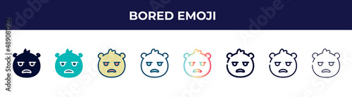 bored emoji icon in 8 styles. line, filled, glyph, thin outline, colorful, stroke and gradient styles, bored emoji vector sign. symbol, logo illustration. different style icons set.