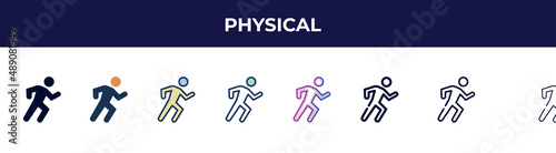 physical icon in 8 styles. line, filled, glyph, thin outline, colorful, stroke and gradient styles, physical vector sign. symbol, logo illustration. different style icons set.